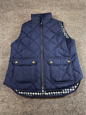 J.crew Quilted Vest Womens Medium Blue Full Zip Gingham Lining Flap Pockets Vest